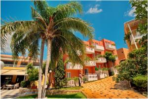 a palm tree in front of a building at Bellos Hotel Apartments in Hersonissos