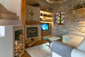 salon z kominkiem i telewizorem w obiekcie Koloska House w Balatonfüred