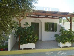 een huis met twee potplanten ervoor bij Leros Eleonas Apartments in Alinda