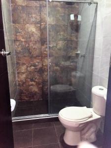 a bathroom with a toilet and a glass shower at Casa Veraneo Flandes con Piscina Privada in Flandes