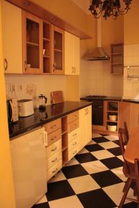 a kitchen with a black and white checkered floor at Cracow Apartments 24 in Krakow