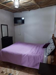 1 dormitorio con cama morada y TV de pantalla plana en Miroji, en Zacatlán