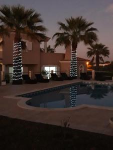 a villa with palm trees and a swimming pool at night at VILLA L'ESTAQUE in Armação de Pêra