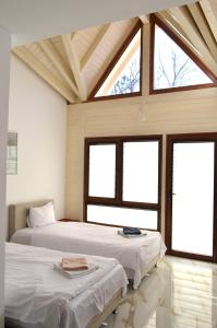 2 Betten in einem Zimmer mit großen Fenstern in der Unterkunft Tomce Sofka Apartments in Skopje