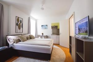a bedroom with a bed and a television in it at Ca' del Borgo, Rooms & Suites in Poschiavo