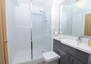 a bathroom with a shower and a toilet and a sink at Twenty Three B - 3 bedroomed apartment in Lee-on-the-Solent