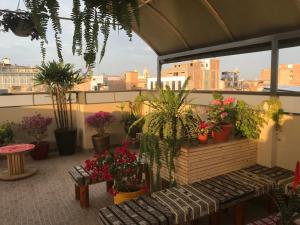 un balcón con macetas y un banco en Tamaris Hotel, en Chiclayo