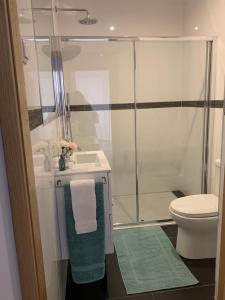 ein Bad mit einer Dusche, einem WC und einem Waschbecken in der Unterkunft BF Suites & Apartments in Porto