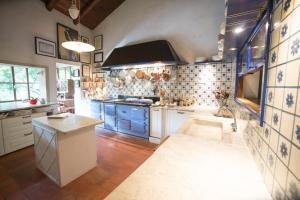 a large kitchen with blue cabinets and a stove at La Cucina B&B and cookery school in Rignano sullʼArno