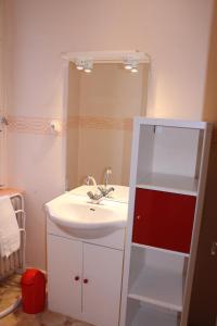 La salle de bains est pourvue d'un lavabo et d'un miroir. dans l'établissement Residence des Domes, à Murol