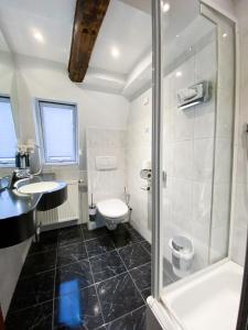 uma casa de banho com um chuveiro, um lavatório e um WC. em Hotel am Malerwinkel em Wertheim