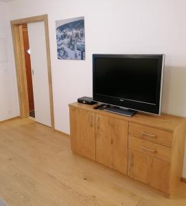 einen Flachbild-TV auf einer hölzernen Kommode in der Unterkunft Apartments Haus Morgensonne in Reidling