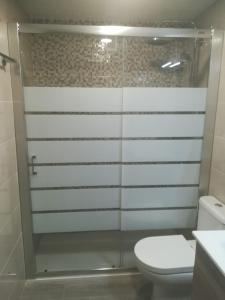 サロウにあるApartamento en Zona Cap Salouのバスルーム(ガラス張りのシャワー、トイレ付)