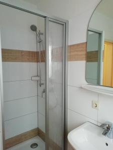 a bathroom with a shower and a sink and a mirror at Ferienwohnung Weimar - Ulla in Weimar