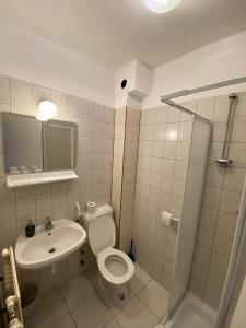 een badkamer met een toilet, een wastafel en een douche bij Panama Motel in Székesfehérvár