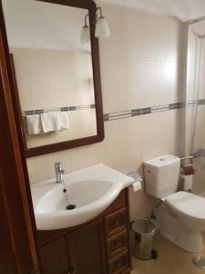 a bathroom with a sink and a toilet and a mirror at Vivienda Vacacional la Palmera in Los Cancajos