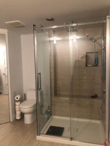 a bathroom with a shower and a toilet at Gîte Zazen in Mont-Laurier +27 photos