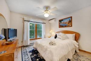 坦納斯維爾的住宿－Northridge 482，一间卧室配有一张带吊扇的床和一台电视。