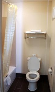 a white toilet sitting in a bathroom next to a sink at Blue Ridge Inn in Sylva