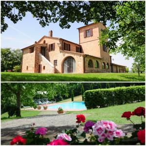 una gran casa de ladrillo con piscina y flores en Agriturismo Chieteno con piscina - Cetona, en Cetona