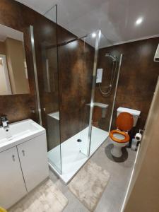 a bathroom with a shower with a toilet and a sink at Park View house on NC500 in Wick