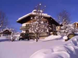 ein schneebedecktes Haus mit Bäumen davor in der Unterkunft Landhaus Hirterhütte in Abtenau