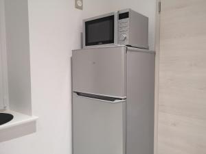 um micro-ondas em cima de um frigorífico numa cozinha em LE WILSON SUITE - Centre-ville - Gare - Tram em Mulhouse
