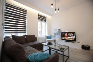 a living room with a couch and a tv at Miaap Apartments in Sarajevo