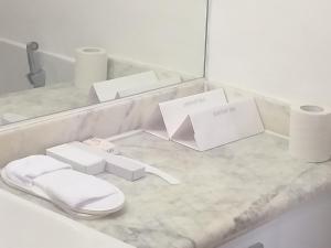 La salle de bains blanche est pourvue de toilettes et d'un miroir. dans l'établissement Caspia Hotel New Delhi, à New Delhi