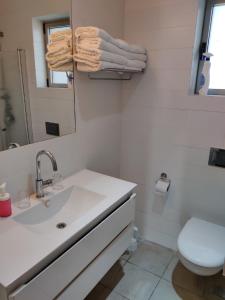 a bathroom with a sink and a toilet and a mirror at Keshet Eilon - Suites and Villas in Elon