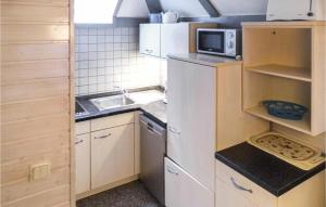 uma pequena cozinha com um frigorífico branco e um micro-ondas em Ferienhaus 70 In Kirchheim em Kemmerode