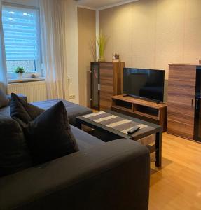 Una sala de estar con un sofá y un televisor. en Gästewohnung Starsiedel, en Lützen