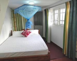 a bedroom with a bed with a blue canopy at Top View in Hatton