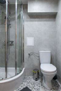 a bathroom with a toilet and a shower at Apartament Szyszka in Ustrzyki Dolne