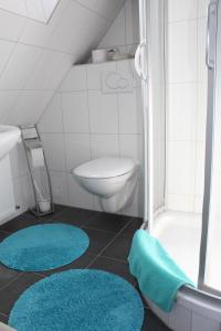 a bathroom with two blue rugs on the floor at Haus Hanseatic Ferienwohnungen in Bad Harzburg