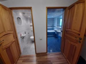 La salle de bains est pourvue d'une douche, de toilettes et d'un lavabo. dans l'établissement Mieszkanie na wyłączność, à Jeleśnia