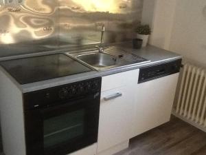 uma cozinha com um lavatório e um fogão em Appartement in der Waldsiedlung em Leverkusen