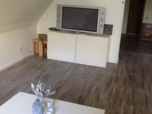 ein Wohnzimmer mit einem TV und Holzböden in der Unterkunft Appartement in der Waldsiedlung in Leverkusen
