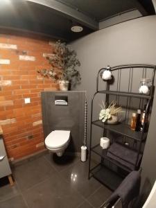 a bathroom with a toilet and a brick wall at LOFT 314 in Żyrardów