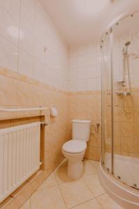 La salle de bains est pourvue d'une douche et de toilettes. dans l'établissement Pensione Antonio, à Słupsk