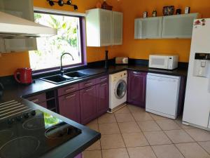 a kitchen with purple cabinets and a washer and dryer at Villa & Bungalow Fleur de Coco in Sainte-Anne