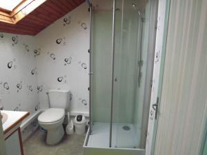 a bathroom with a toilet and a glass shower at Chez Lili in Izé