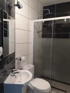 W łazience znajduje się toaleta, umywalka i prysznic. w obiekcie Domek u Basi w mieście Grywałd