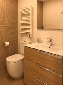 a bathroom with a toilet and a sink and a mirror at Nuevo Apartamento Moderno Elisa - a 80 metros de la playa para 5 personas in Sant Feliu de Guixols
