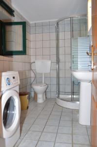 a bathroom with a toilet and a shower and a sink at Terra Lemnia A in Repanídhion