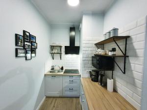eine kleine Küche mit einer Spüle und einer Theke in der Unterkunft MSapartamenty Centrum 3 in Posen