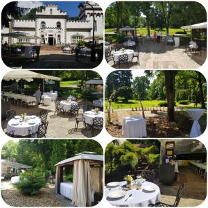 a collage of photos with tables and a house at Siesta Rodinný Resort in Pardubice