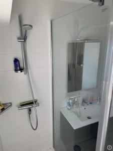 ein weißes Bad mit einer Dusche und einem Waschbecken in der Unterkunft 65 m2 Centre vannes 2 ch wifi parking in Vannes