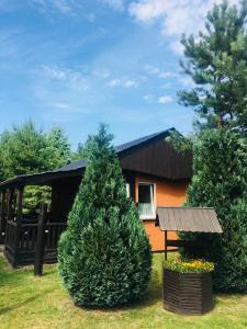 a house with two christmas trees in front of it at DOMKI HOLIDAY PARK Białogóra in Białogóra