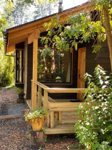 a wooden cabin with a porch and a large window at Cabaña nueva en Pucón in Pucón